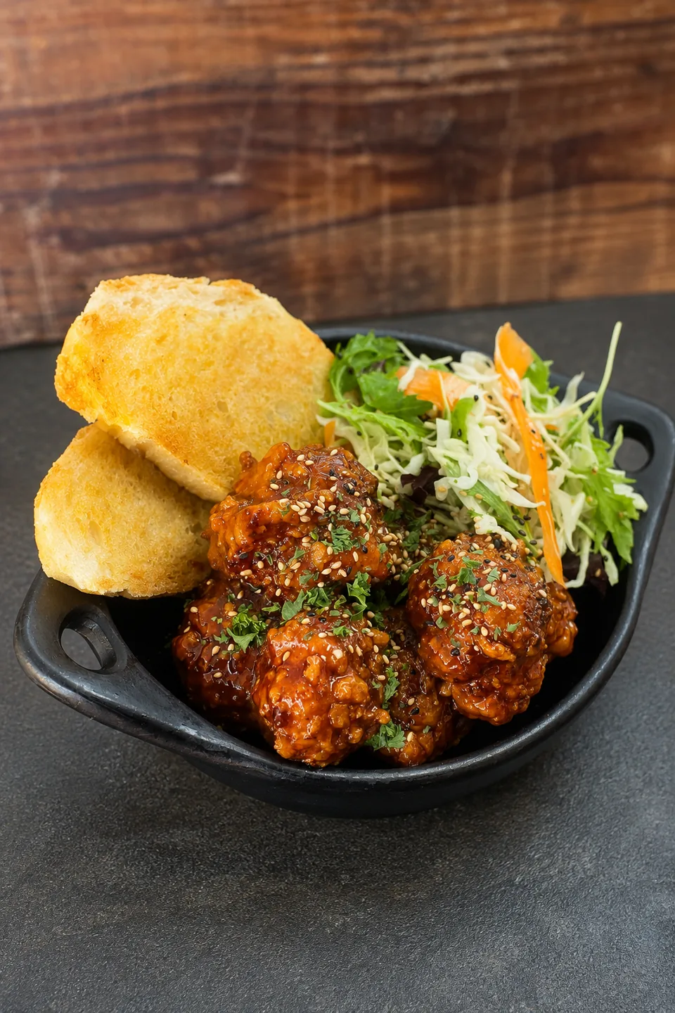Glazed crispy chicken with slaw and toasted sourdough at Gentle Giant Cafe