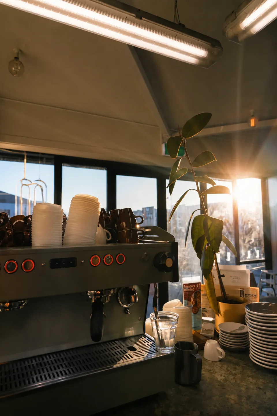 Coffee machine, cups and sunlight inside Gentle Giant Cafe